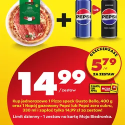 Pizza speck Gusto Bello 400 g + Napój gazowany Pepsi lub Pepsi zero cukru 330 ml