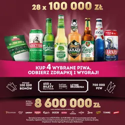 Piwa biorące udział w promocji Mega Zdrapka (m.in. Kasztelan, Carlsberg, Somersby, Harnaś, Żatecký, 1664 Blanc, Garage)