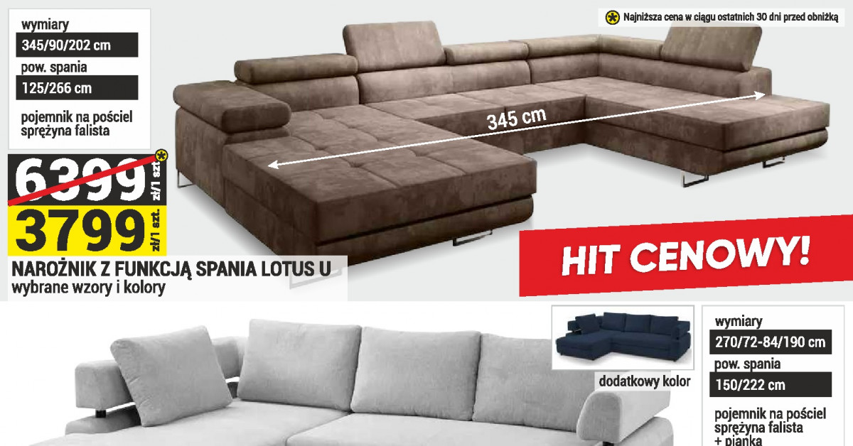 SZOK! Narożnik z funkcją spania Lotus U przeceniony z 6 399 zł na 3 799 zł — oferta miesiąca w Mercury!
